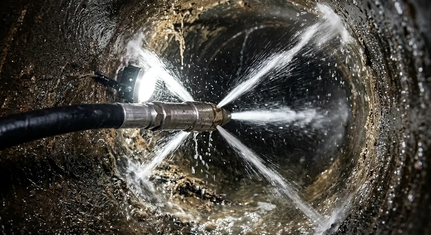 High-pressure hydro jetting nozzle cleaning sewer pipe for Trenchless Sewer Repair in Dawsonville