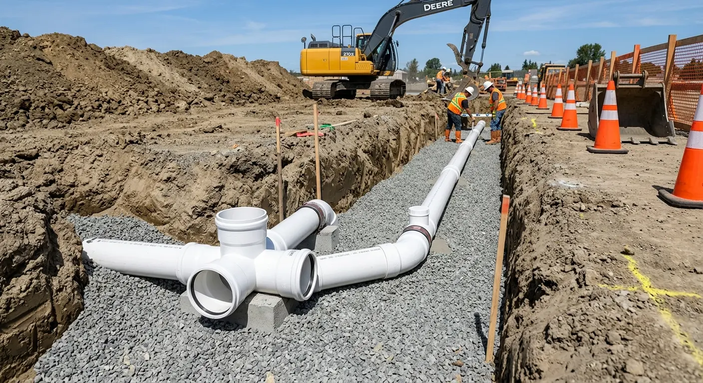 New PVC sewer pipe installation in open trench for Sewer Backup in Dawsonville