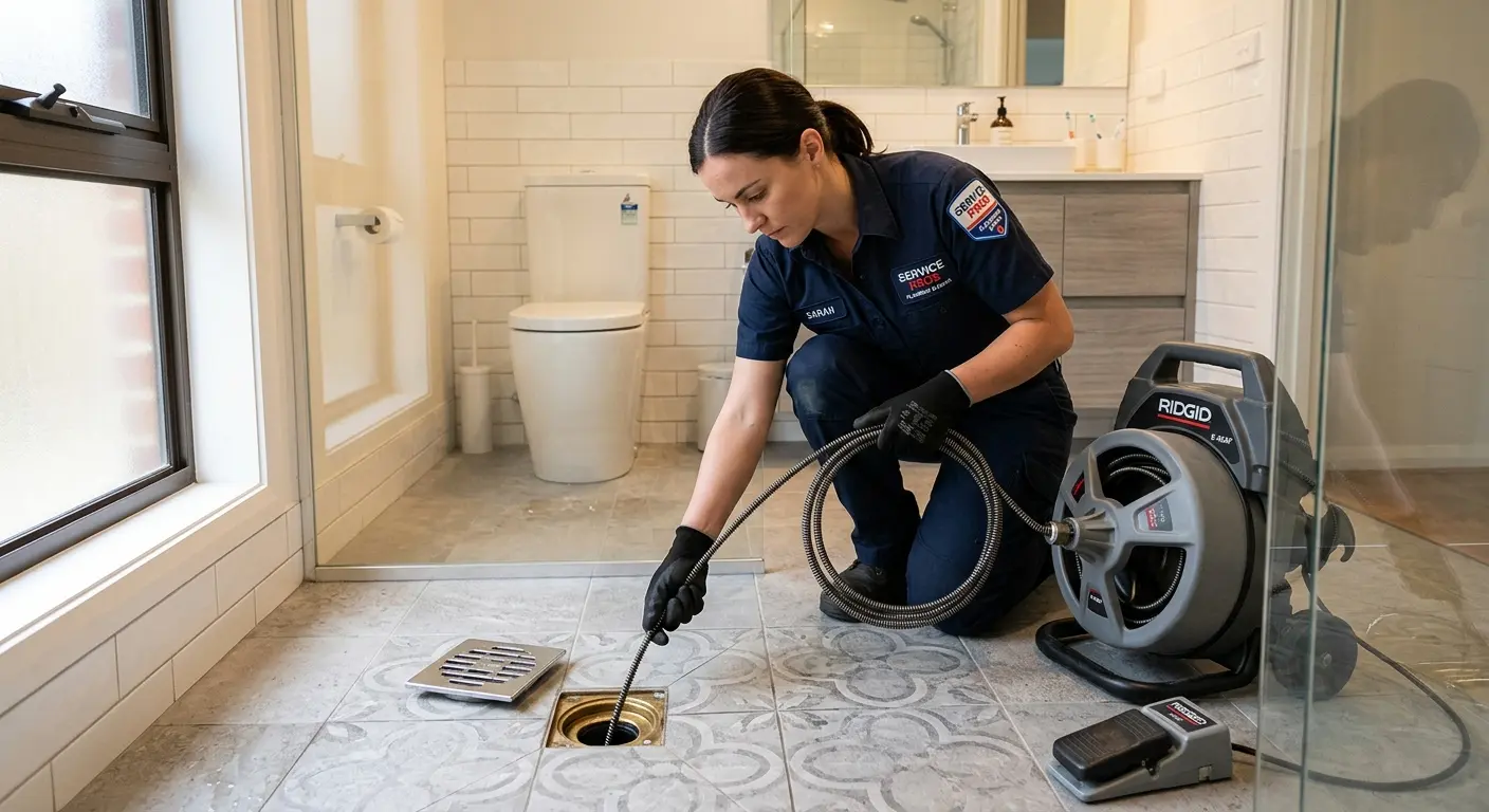Technician clearing a bathroom floor drain for Drain Repair in Dawsonville